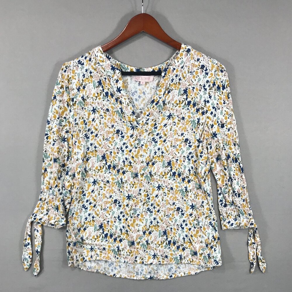 Rose & Thyme Top Women's Medium White Floral Blouse V-Neck 3/4 Tie Sleeve Boho